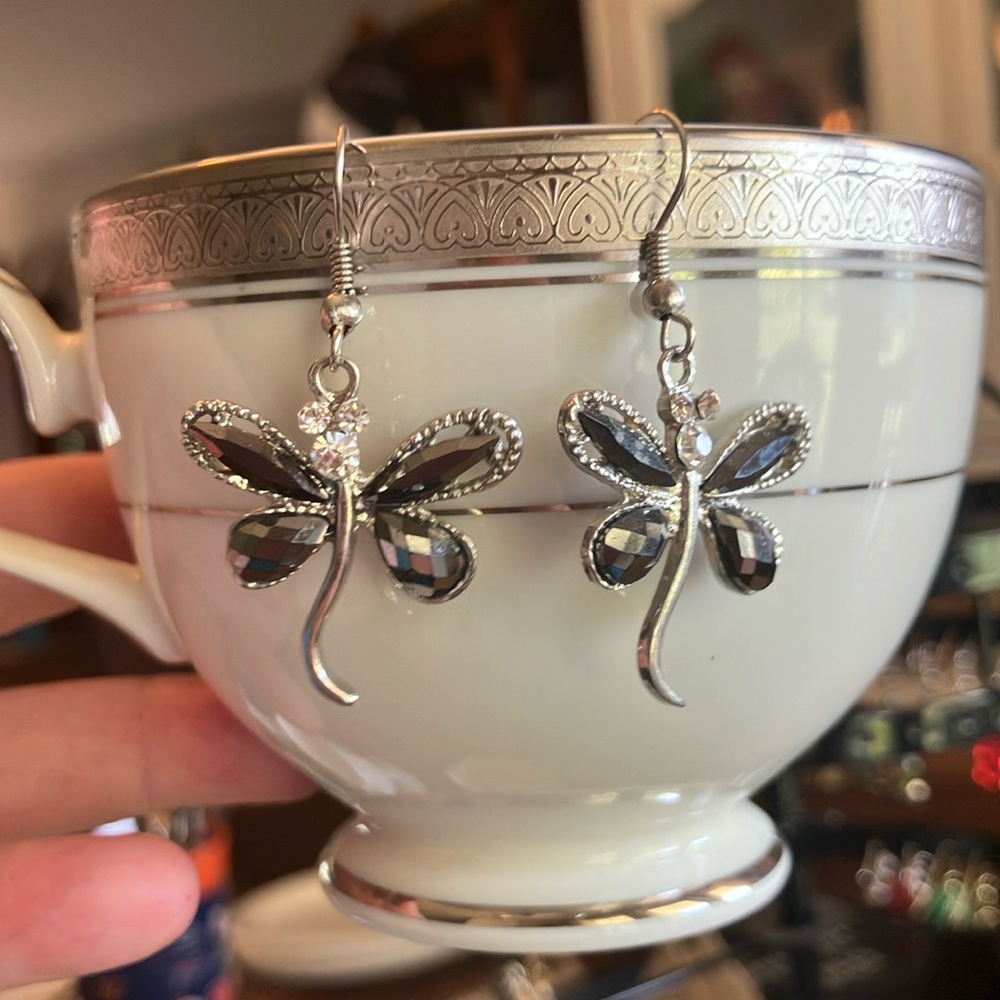 Silver Dragonfly Earrings Dangle Marcasite colored gems